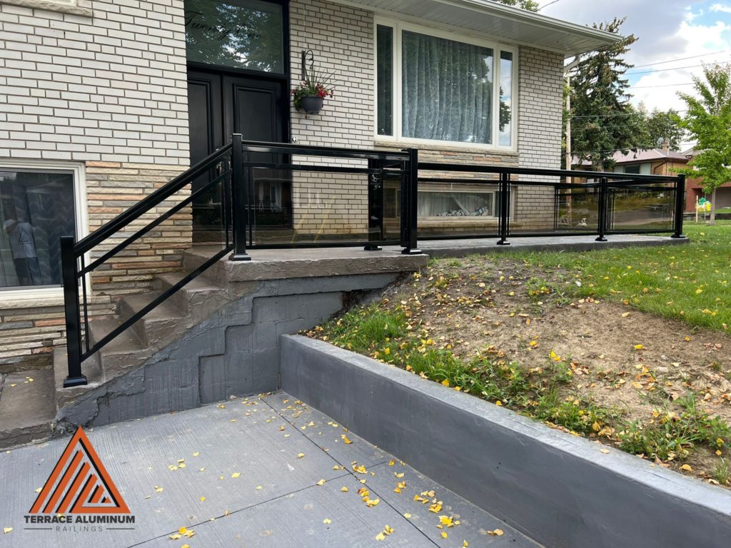 bronze glass railing on a front porch