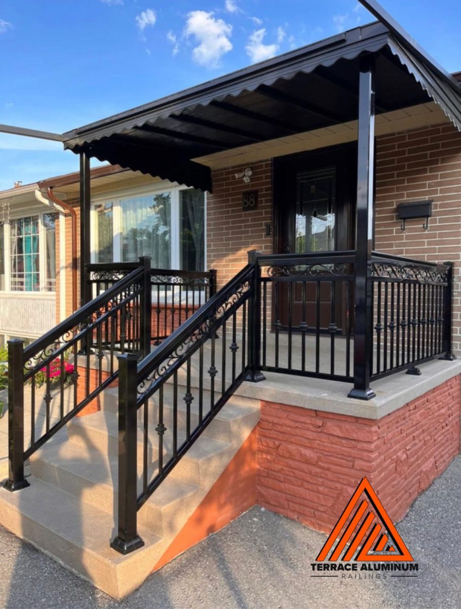 exterior aluminum railings with a decorative scroll in black colour with 3" columns
