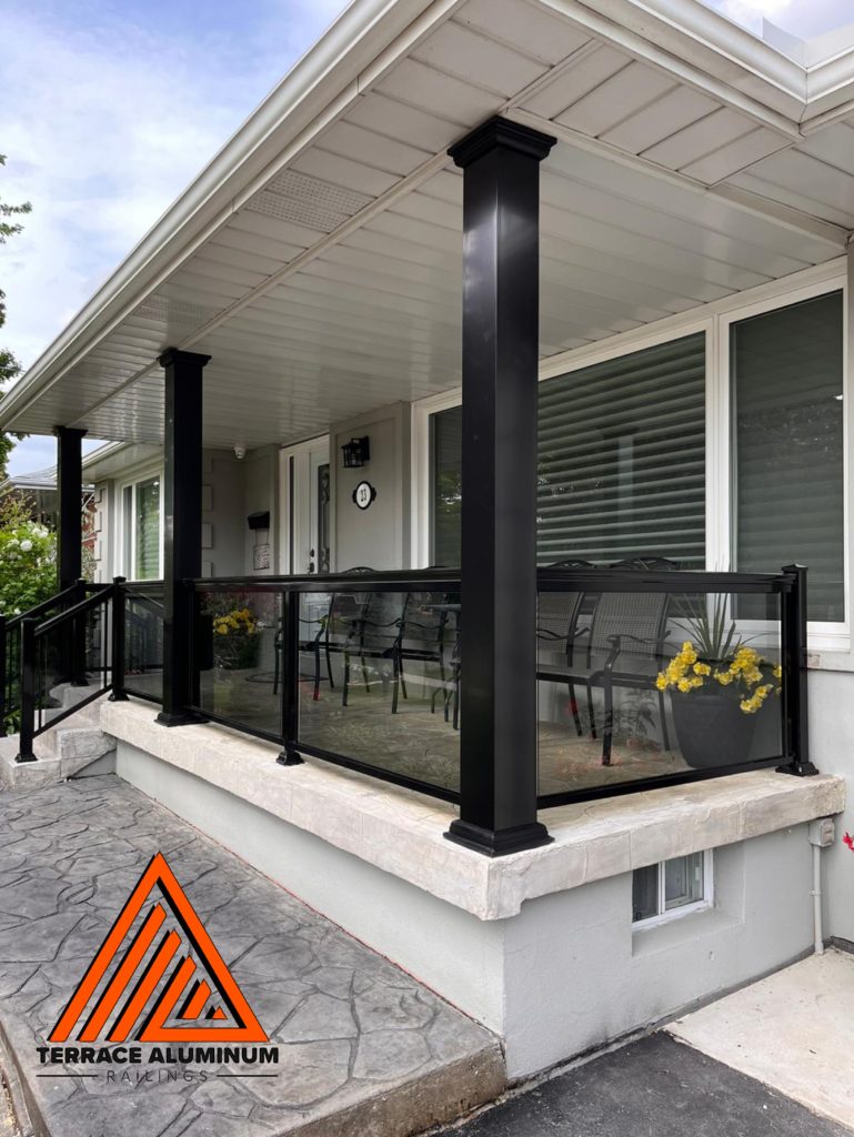 tinted glass railing with black aluminum frame