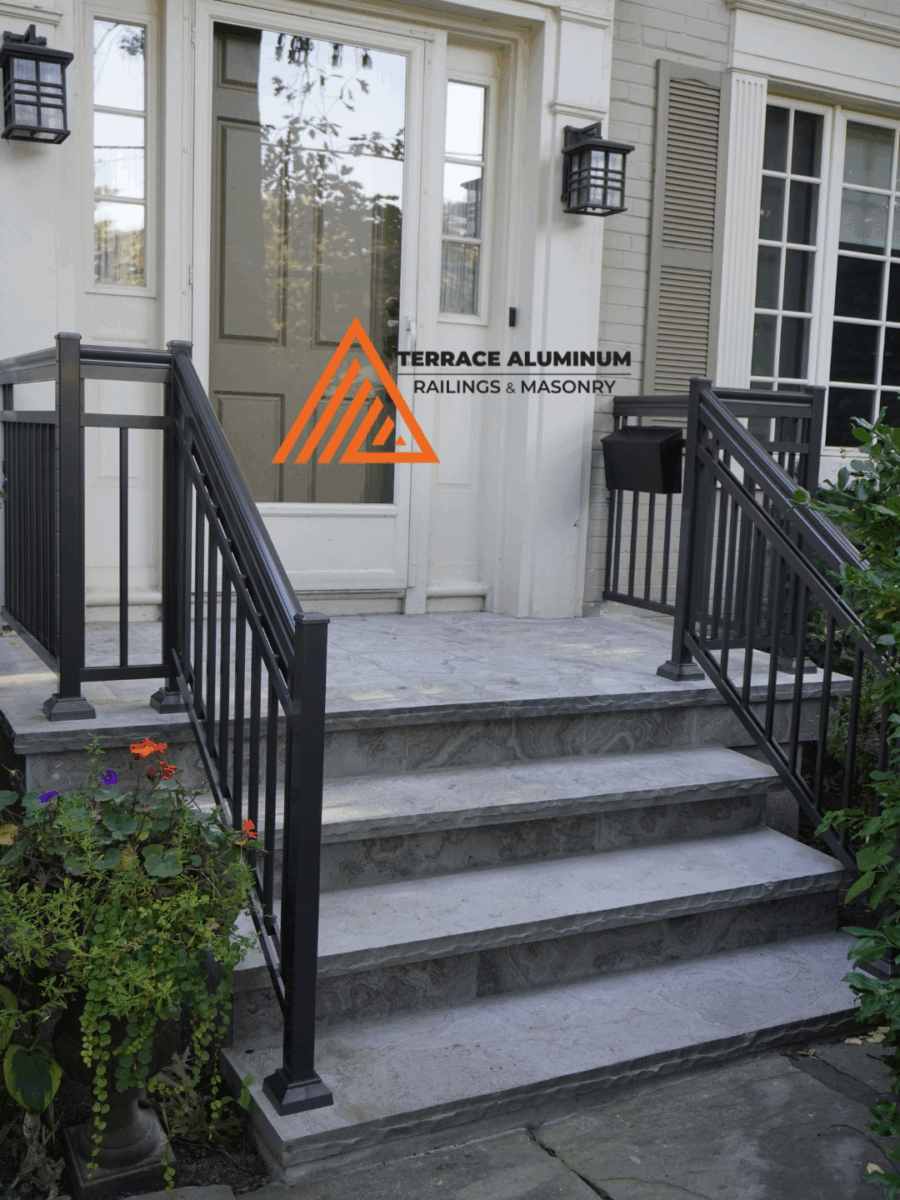 Flagstone front porch with R12 open aluminum railings in Toronto by Terrace Aluminum Railings & Masonry.
