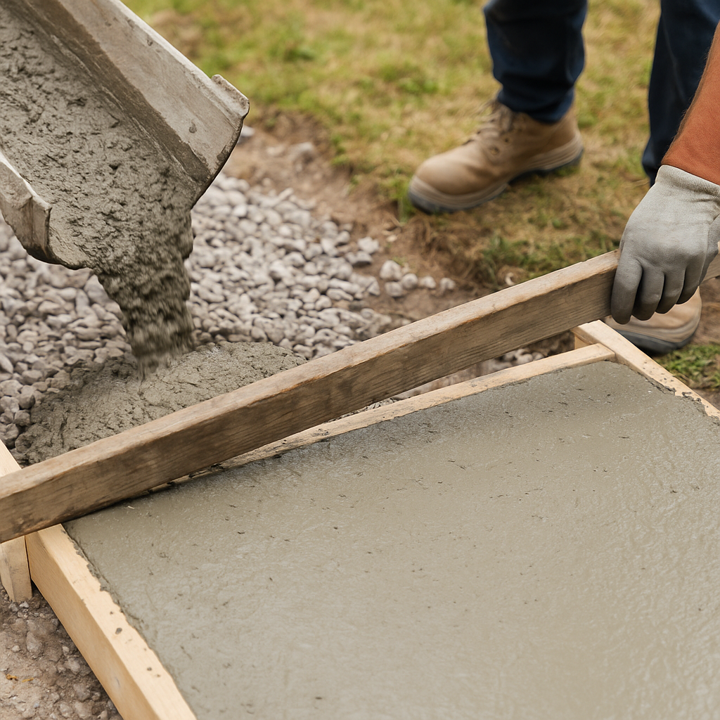 Worker smoothing freshly poured concrete on residential walkway in Toronto – Terrace Aluminum Railings & Masonry