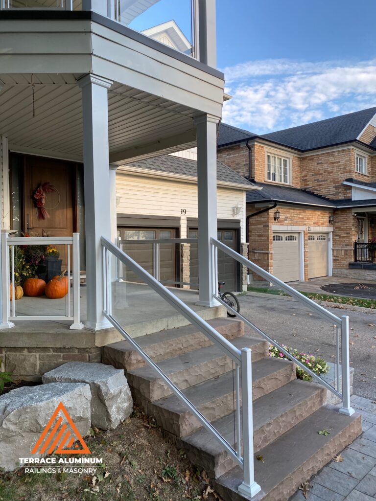 Aluminum and glass railings on a front porch in Toronto