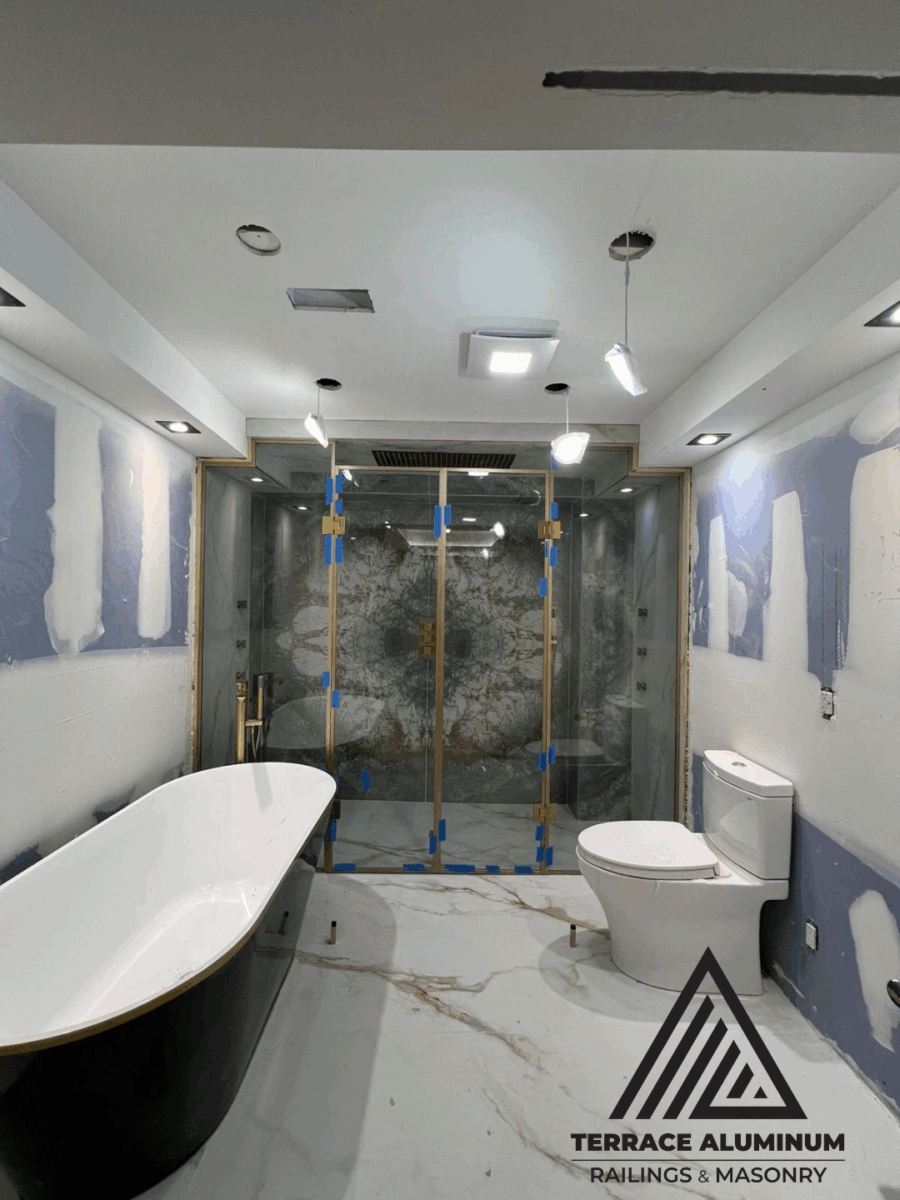 Sliding shower glass door with chrome track and clear tempered glass