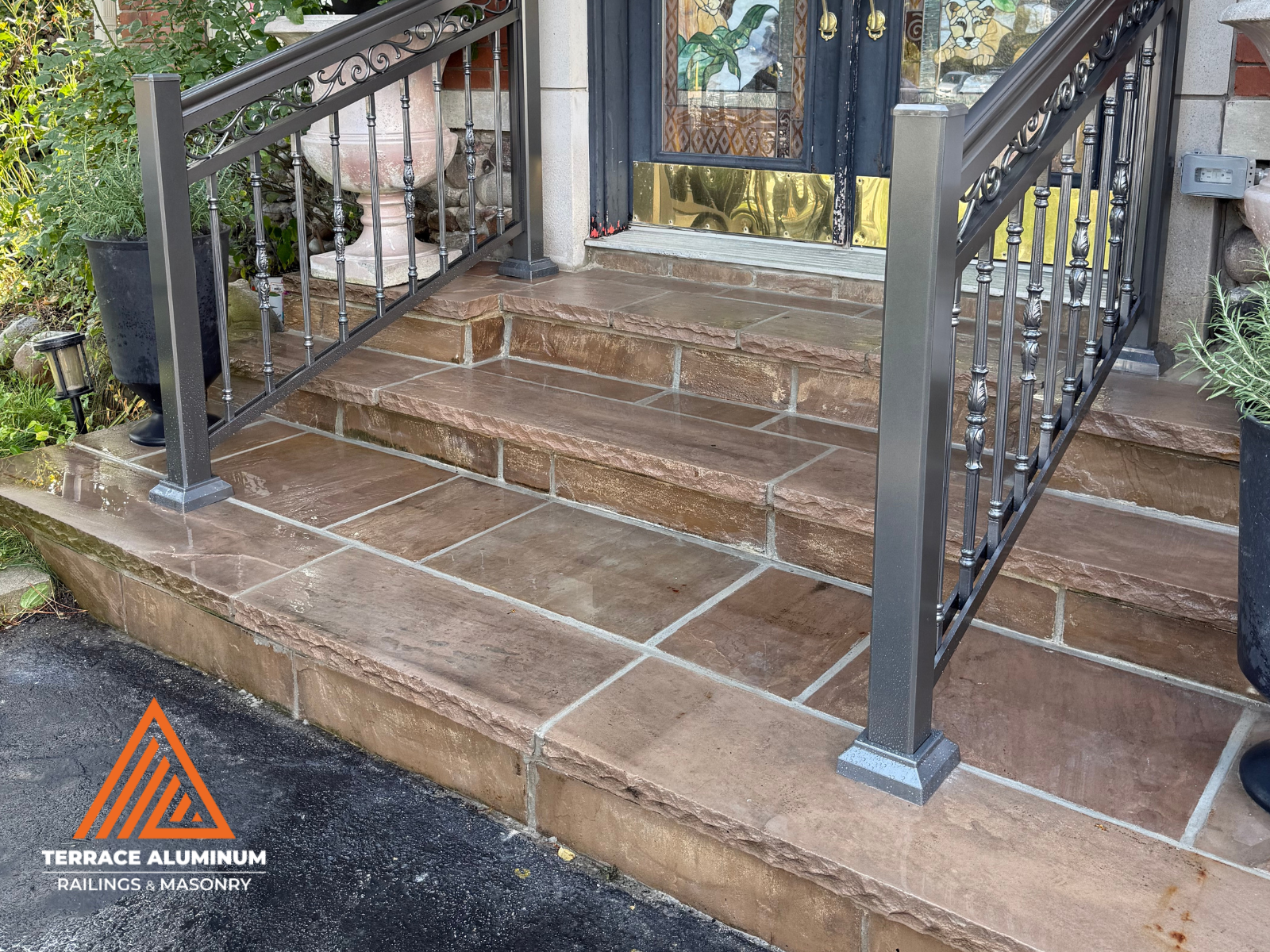 Flagstone front porch installation in Etobicoke with beige natural stone