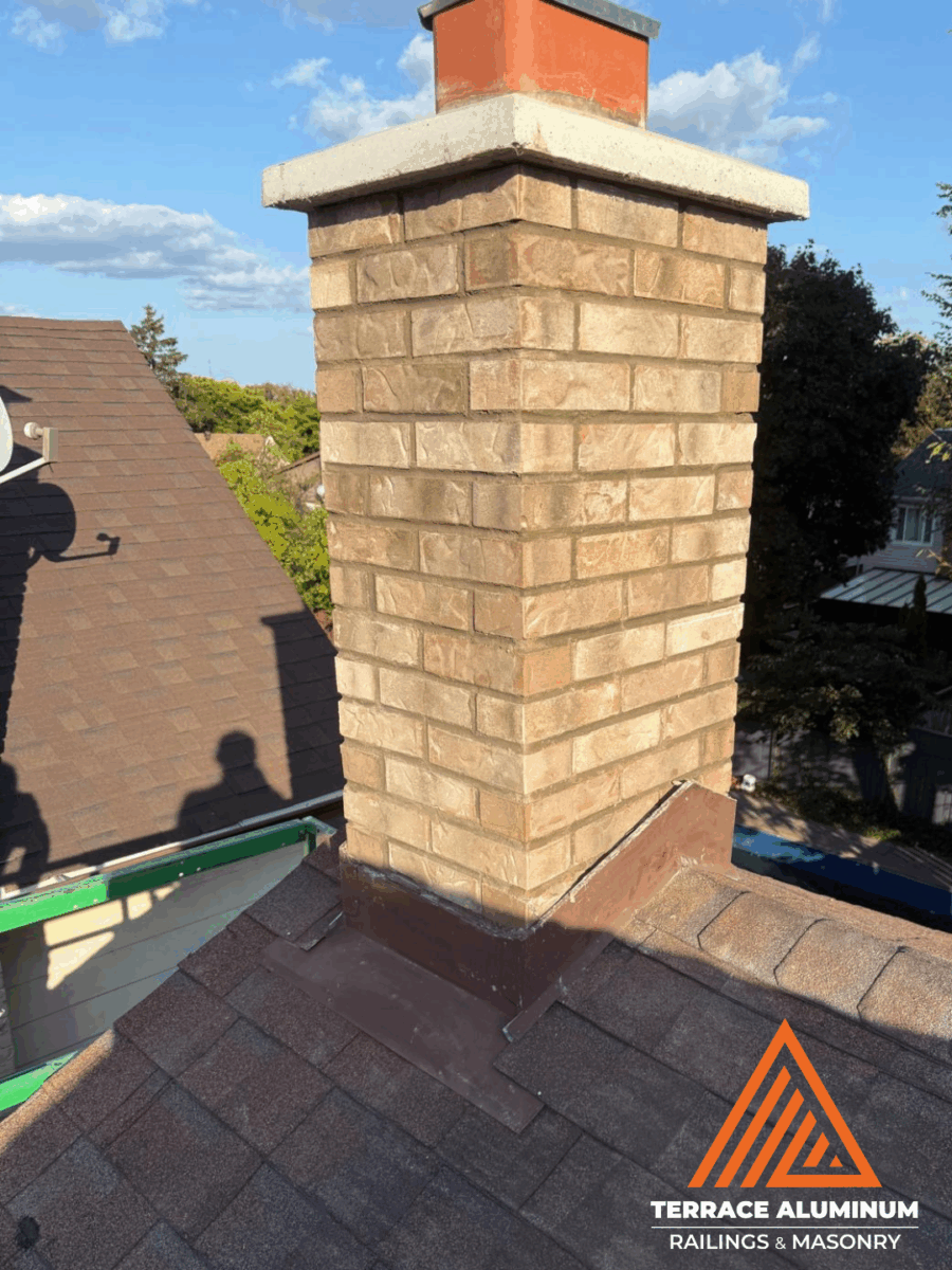 Brick chimney repair and restoration on residential roof in Toronto – Terrace Aluminum Railings & Masonry