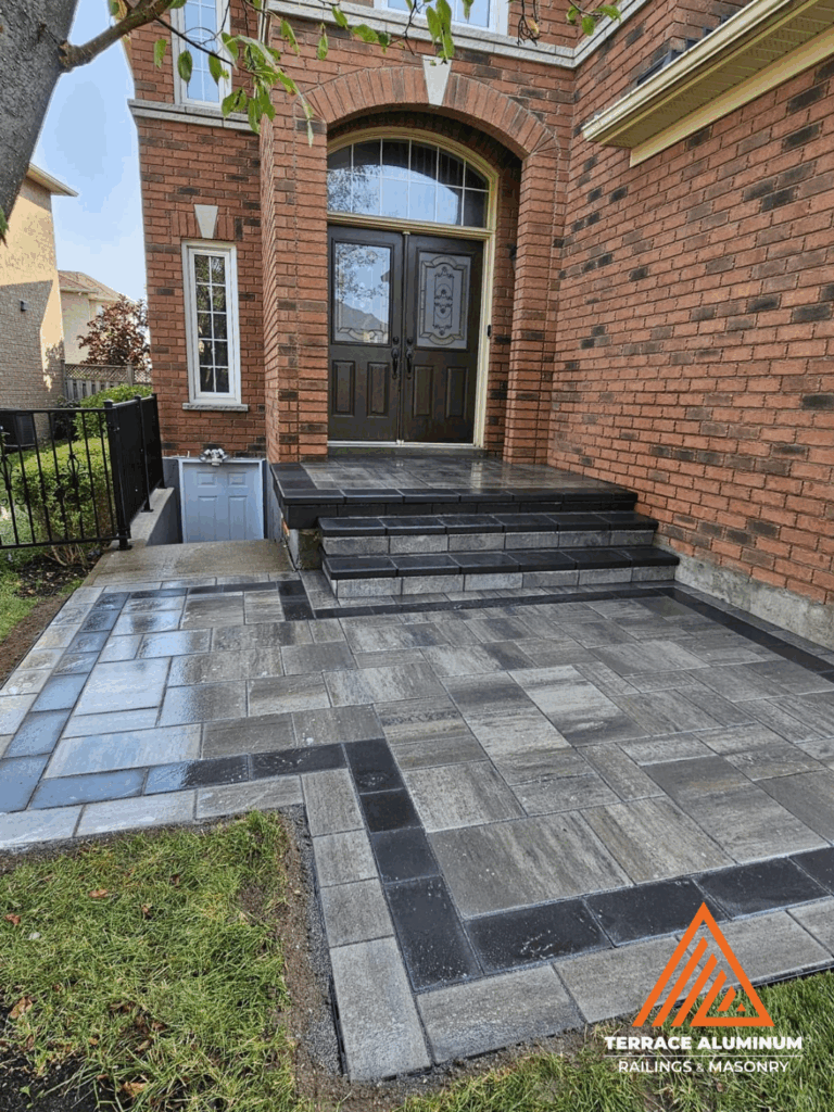 Interlock front porch and walkway installation with modern pavers in Toronto – Terrace Aluminum Railings & Masonry
