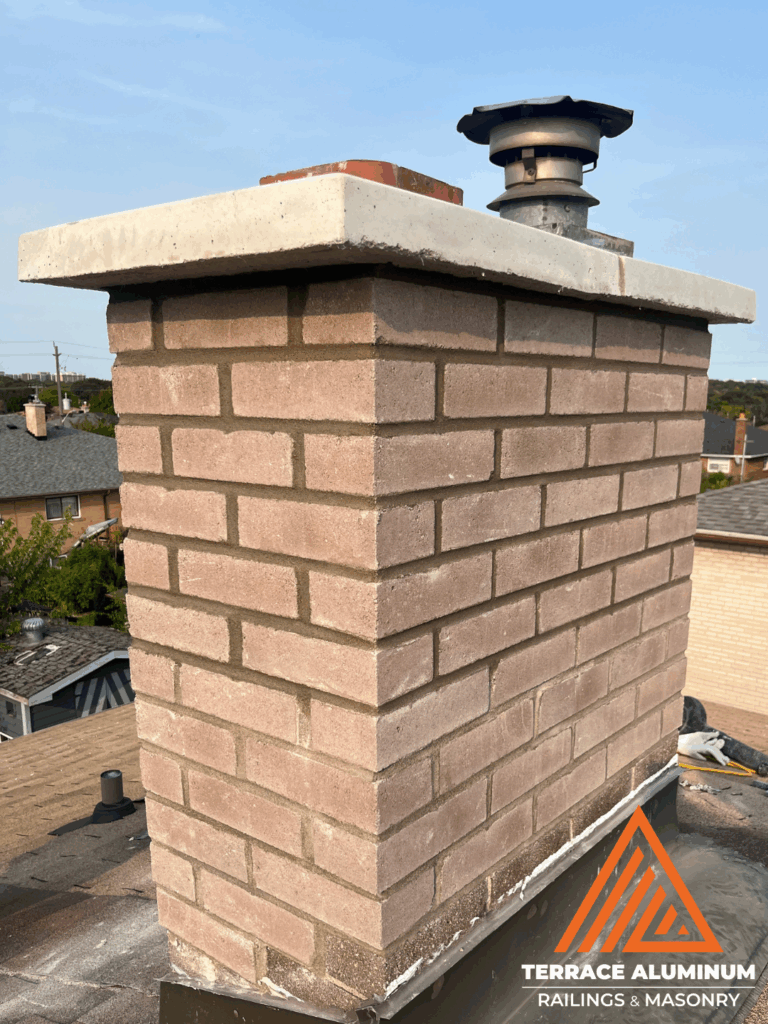 Newly repointed brick chimney in Toronto restored by Terrace Aluminum Railings and Masonry