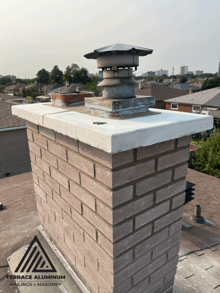 Professional mason repairing a brick chimney in Toronto with new mortar and brickwork