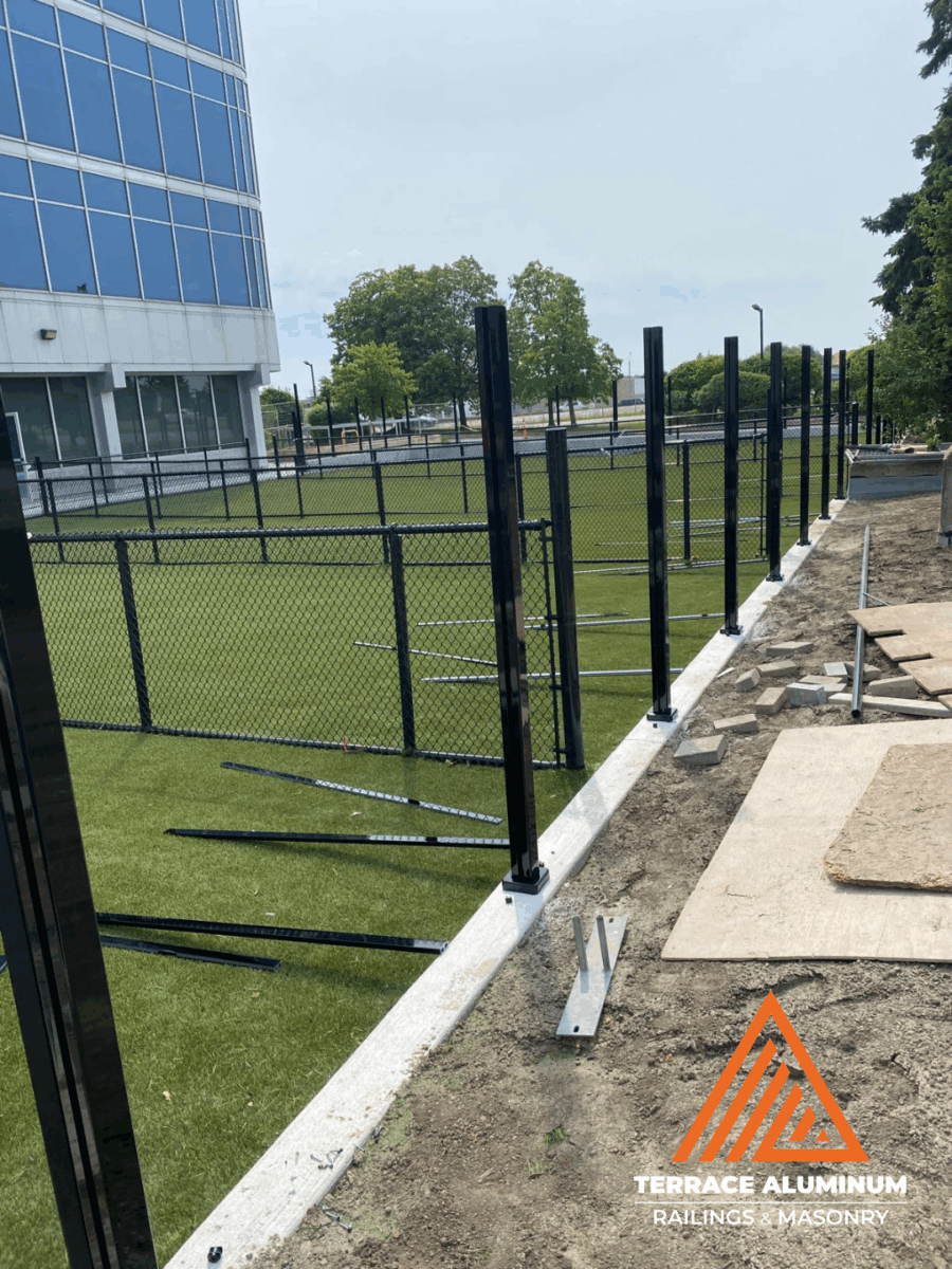 Composite fence beside landscaped garden with shrubs and trees