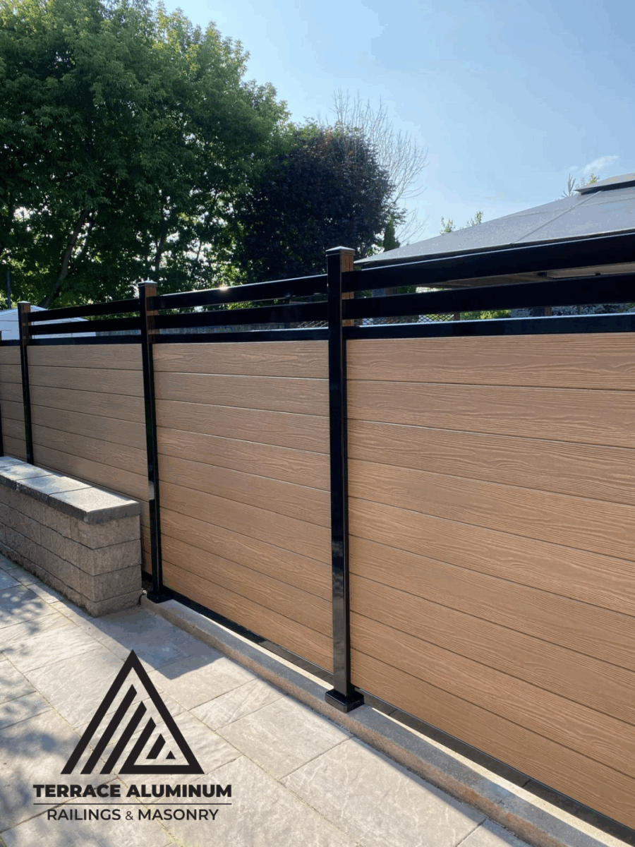 Composite fence gate with matching composite panels and aluminum frame