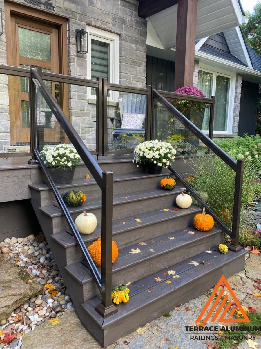 alt="Staircase glass handrail with tempered glass railing system professionally installed in Toronto"