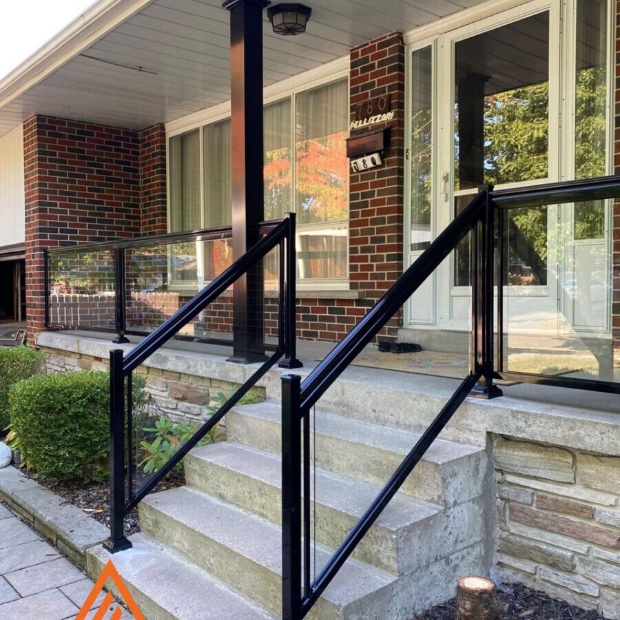 GR1 aluminum and glass railing system installed on a front porch in Toronto by Terrace Aluminum Railings & Masonry.