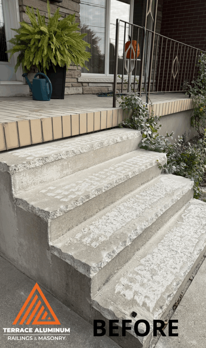 Applying repair mortar to damaged concrete step in Etobicoke