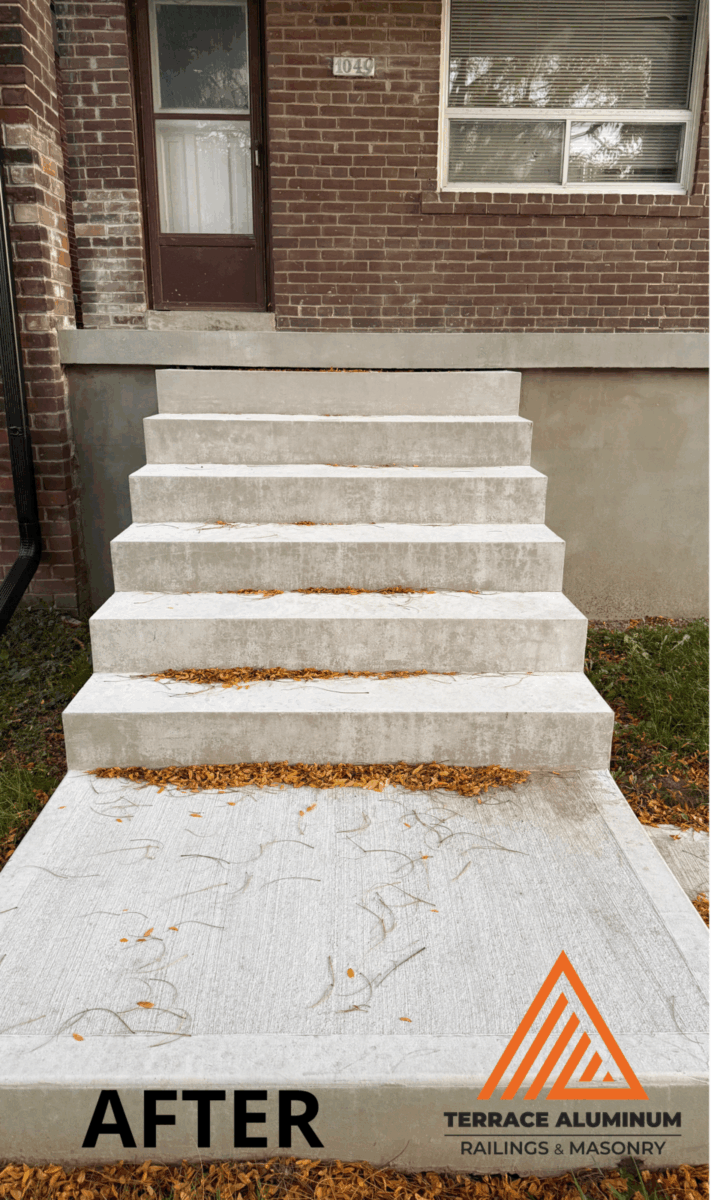 Full porch and steps rebuild with concrete and aluminum railings in Etobicoke