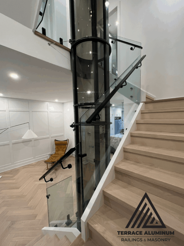Interior glass railings installed in a modern Oakville home with clear 12mm tempered glass panels.