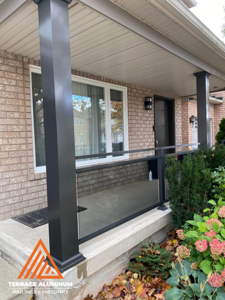 Aluminum and glass railing with aluminum columns in Oakville by Terrace Aluminum Railings & Masonry