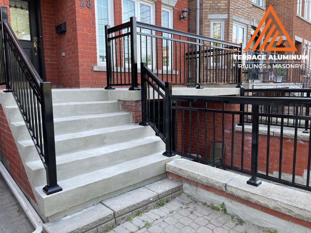 Aluminum railing installed on a front porch in Toronto, built by Terrace Aluminum Railings & Masonry and featured in the blog Are Aluminum Railings Sturdy?