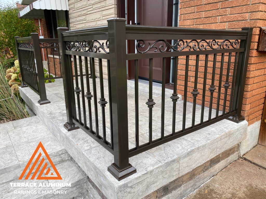 Aluminum railing installed on a front porch in Toronto, showing the clean design, secure anchoring, and long-term strength of aluminum railings featured in the blog Are Aluminum Railings Sturdy?