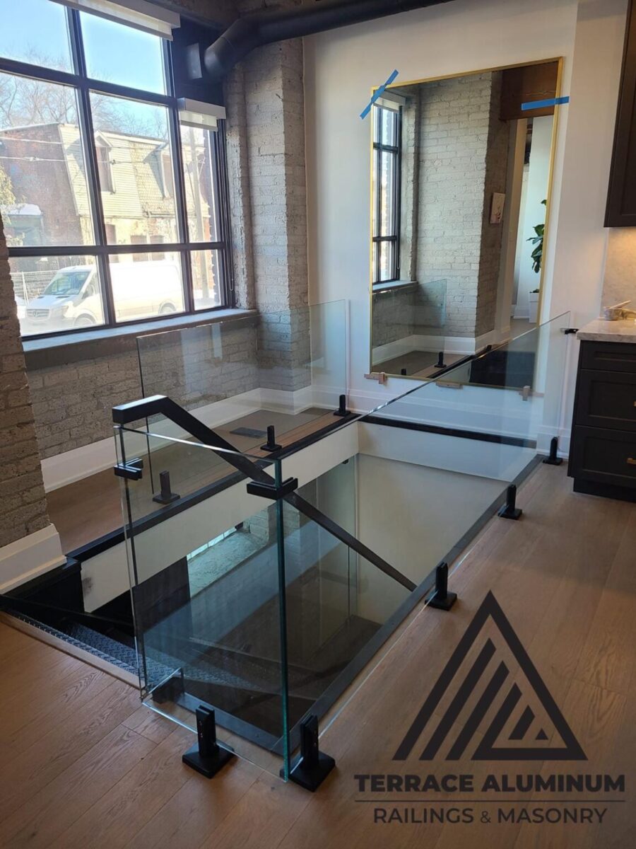 Interior glass railing Oakville – modern indoor glass railing installed by Terrace Aluminum Railings & Masonry