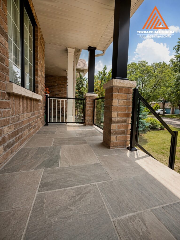 Flagstone overlay installed on a front porch as part of a hardscaping project in Oakville