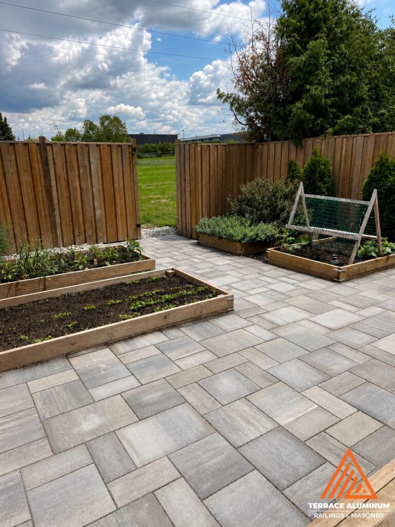Etobicoke backyard interlock project completed for a hardscaping services page.