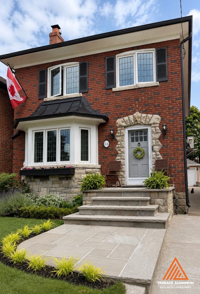 Flagstone porch and flagstone walkway installed for a hardscaping services project in Etobicoke