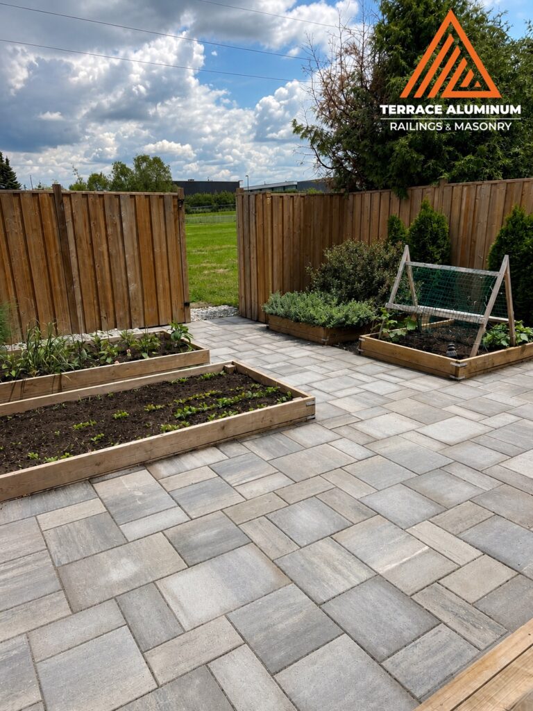 Backyard interlocking pavers installed as part of a Hardscaping Oakville project